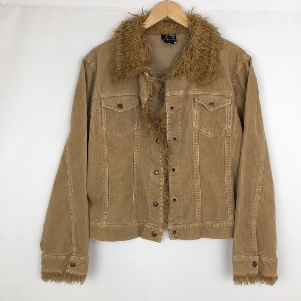Vintage 90’s Y2K Tan Corduroy Jacket Faux Fur Collar And Trim Women’s Size Large